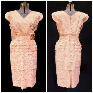 VTG 50's 60's Peach Diagonal Layered Lace & Satin Party Prom Sheath Dress MED